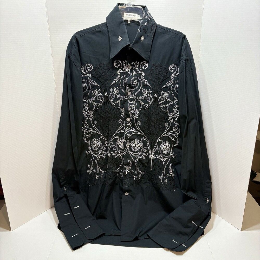 Vintage Angelino Mens Embroidered Dress Shirt Black White Baroque Clubwear XL